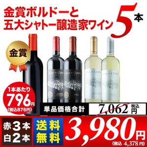 金賞ボルドーと五大シャトー醸造家ワイン5本セット（赤3本＆白2本）